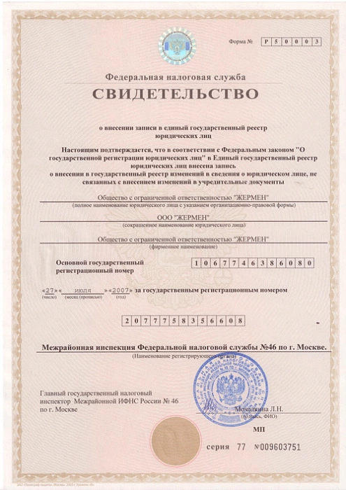 Свидетельство о внесении записи в ЕГРЮЛ 2007