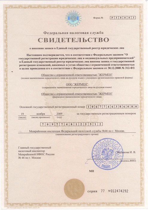 Свидетельство о внесении записи в ЕГРЮЛ 2009